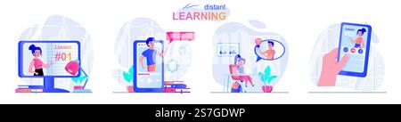 Ensemble de scènes conceptuelles d'apprentissage à distance. Formation en ligne à partir de différents gadgets, tutoriels vidéo, webinaires, éducation. Collecte d'activités de personnes. Illustration vectorielle de personnages dans la conception plate Illustration de Vecteur