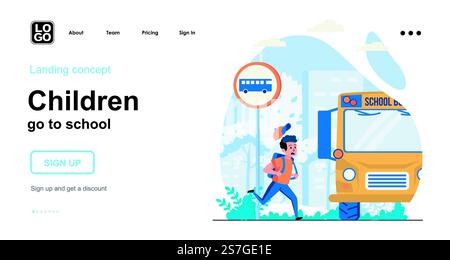 Les enfants vont à l'école Web concept. Garçon qui se précipite vers le bus scolaire. L'écolier est en retard pour les leçons. Modèle de scène de personnes. Illustration vectorielle avec des activités de personnage dans la conception plate pour le site Web Illustration de Vecteur