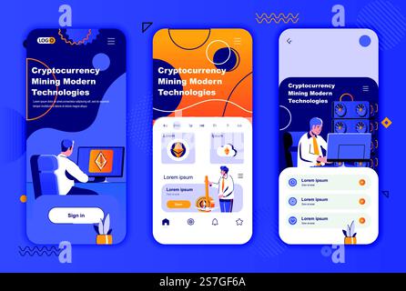 Kit de conception unique de minage de crypto-monnaie pour les histoires de réseaux sociaux. Modèles d'écran mobile de technologie de minage de blockchain pour l'application. Illustration vectorielle des mises en page UI UX. GUI définie avec des personnages. Illustration de Vecteur