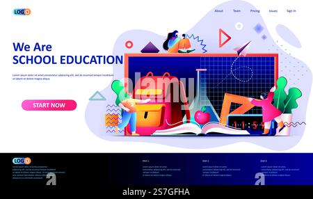 Modèle de page d'accueil plate pour l'enseignement scolaire. Bannière web pour l'éducation des écoles élémentaires. Shopping fournitures scolaires, sac à dos et manuel 3d composition. Illustration vectorielle de page Web. Illustration de Vecteur