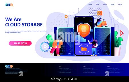 Modèle de page d'accueil plate Cloud Storage. Application mobile de sauvegarde des données, sécurité et confidentialité des informations, bannière web. Technologie de virtualisation, composition 3D de base de données cloud. Illustration vectorielle de page Web. Illustration de Vecteur