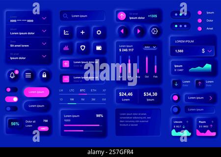Eléments d'interface utilisateur pour application mobile de crypto-monnaie. Modèles d'interface graphique pour l'extraction de crypto-monnaies, l'échange et le trading boursier. Kit de conception ui ux neumorphique unique. Gérer, naviguer et analyser les composants Illustration de Vecteur