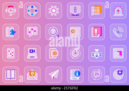Jeu d'icônes glassmorphiques Web du service d'assistance. Pack pictogrammes de contour de casque, bouée de sauvetage, info, chat, paramètres, appel, vidéo, e-mail, assistance téléphonique, téléphone, faq, message et autre. Symboles de verre de ligne vectorielle Illustration de Vecteur