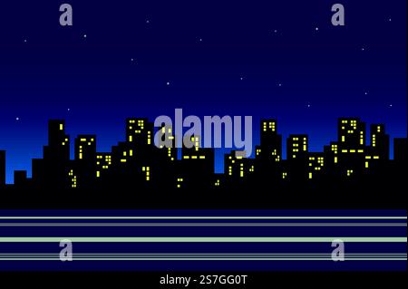 Silhouettes de gratte-ciel dans le fond de paysage de ville de nuit dans le style plat. Rue cityscape avec des maisons avec des fenêtres lumineuses, panorama métropole. Paysage naturel. Illustration vectorielle de la bannière web Illustration de Vecteur