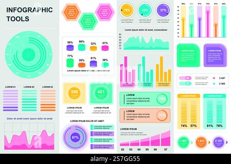 Pack infographie UI, UX, éléments DE KIT. Différents graphiques, diagrammes, flux de travail, organigramme, chronologie, schémas, icônes de marketing, graphiques et modèles de conception de barres. Ensemble graphique et infographies vectorielles. Illustration de Vecteur