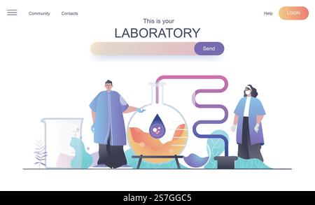 Concept Web de laboratoire pour la page d'accueil. Les scientifiques de l'homme et de la femme font des tests, étudient des molécules ou développent un nouveau modèle de bannière de médicament. Illustration vectorielle pour la page Web dans la conception de dessin animé plat Illustration de Vecteur
