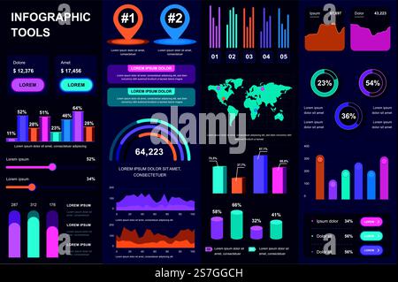 Pack infographie UI, UX, éléments DE KIT. Différents graphiques, diagrammes, flux de travail, organigramme, chronologie, schémas, icônes de marketing, graphiques et modèles de conception de barres. Ensemble graphique et infographies vectorielles. Illustration de Vecteur