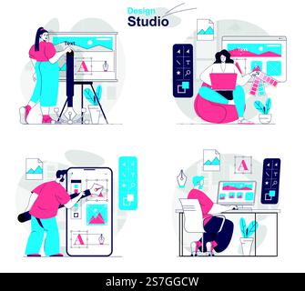 Design studio concept Set. Les concepteurs dessinent des images, des éléments de mise en page, choisissent des couleurs. Les gens ont isolé des scènes dans un design plat. Illustration vectorielle pour blogs, site Web, application mobile, matériel promotionnel. Illustration de Vecteur