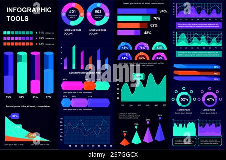 Pack infographie UI, UX, éléments DE KIT. Différents graphiques, diagrammes, flux de travail, organigramme, chronologie, schémas, icônes de marketing, graphiques et modèles de conception de barres. Ensemble graphique et infographies vectorielles. Illustration de Vecteur
