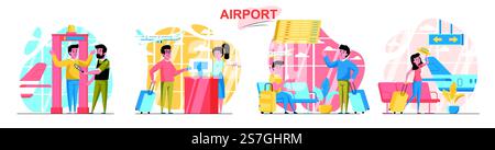 Ensemble de scènes de concept d'aéroport. Les passagers passent par le contrôle de sécurité, l'enregistrement, l'attente dans le hall d'entrée, l'embarquement dans l'avion. Collecte d'activités de personnes. Illustration vectorielle de personnages dans la conception plate Illustration de Vecteur