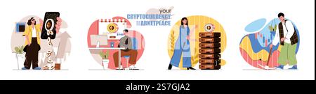 Ensemble de scènes de concept de marché de crypto-monnaie. Bitcoin mining, monnaie numérique, technologie blockchain, investissements. Collecte d'activités de personnes. Illustration vectorielle de personnages dans la conception plate Illustration de Vecteur