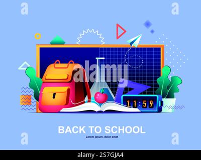 Concept plat de retour à l'école avec des gradients. Modèle Web d'éducation des écoles élémentaires. Achats de fournitures scolaires, bienvenue aux leçons, sac à dos et manuel de composition 3d, illustration vectorielle.. Concept plat de retour à l'école avec des gradients. Illustration de Vecteur