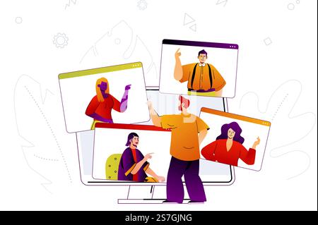 Concept Web de visioconférence. Réunion d'affaires en ligne ou appel vidéo d'amis. Scène de gens avec la conception de caractères de ligne plate pour le site Web. Illustration vectorielle pour le matériel promotionnel des médias sociaux Illustration de Vecteur