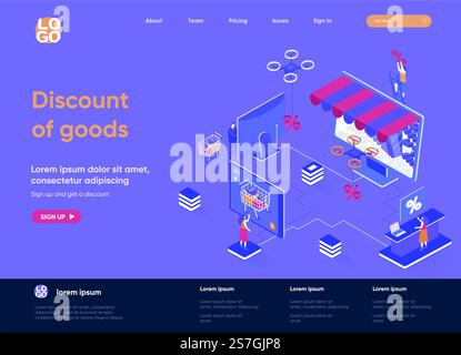 Remise sur la page d'accueil isométrique des marchandises. Escompte saisonnier et offre spéciale, publicité au détail et proposition de vente page Web isométrie. Illustration vectorielle plate de site Web avec des personnages de personnes. Illustration de Vecteur