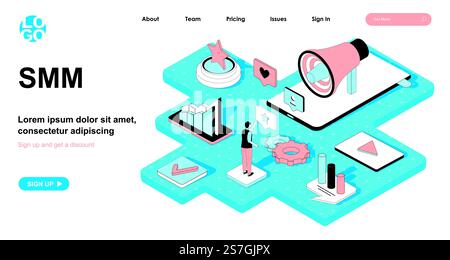 Concept isométrique SMM. Marketing sur les réseaux sociaux. Promotion et publicité dans les réseaux sociaux, stratégie en ligne de succès, bannière web d'isométrie plate de ligne. Illustration vectorielle dans la conception 3D pour la page de destination Illustration de Vecteur