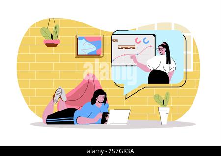Concept de personnage web d'apprentissage à distance. Étude étudiante, visionnage de webinaires ou cours vidéo. E-learning à la maison, éducation en ligne scène isolée avec des personnes. Illustration vectorielle avec des personnes dans la conception plate Illustration de Vecteur