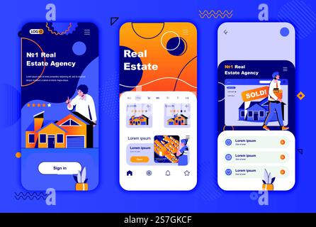 Kit de design unique immobilier pour les histoires de réseaux sociaux. Agence immobilière, modèles d'écran mobile de plate-forme Realting pour l'application. Illustration vectorielle des mises en page UI UX. GUI définie avec des personnages. Illustration de Vecteur