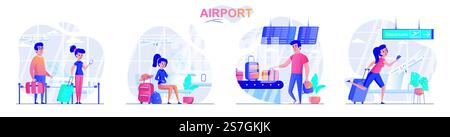 Ensemble de scènes de concept d'aéroport. Passagers avec bagages, voyageur dans la salle d'attente, femme se précipitant à la porte des départs. Collecte d'activités de personnes. Illustration vectorielle de personnages dans la conception plate Illustration de Vecteur