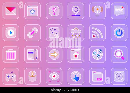 Jeu d'icônes glassmorphiques Web de l'interface utilisateur du site Web. Pack pictogrammes de contour d'e-mail, point d'interrogation, emplacement, vidéo, image, wifi, page d'accueil, recherche globale, navigation d'interface et autres. Symboles de verre de ligne vectorielle Illustration de Vecteur