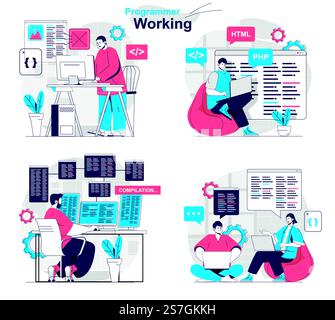 Ensemble de concepts de travail de programmeur. Développeur crée des logiciels et teste des programmes. Les gens ont isolé des scènes dans un design plat. Illustration vectorielle pour blogs, site Web, application mobile, matériel promotionnel. Illustration de Vecteur