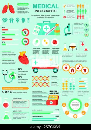 Bannière médicale avec éléments infographiques. Santé, diagnostic, concept de traitement. Modèle d'affiche avec organigramme, visualisation des données, chronologie, flux de travail, illustration. Conception graphique d'info vectorielle Illustration de Vecteur