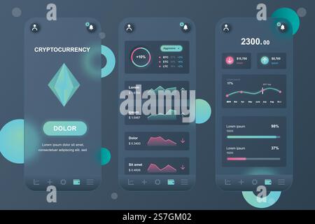 Kit d'éléments neumorphes de crypto-monnaie pour application mobile. Services bancaires en ligne, outils de trading, graphique de données, croissance ou déclin. Configuration des écrans UI, UX, GUI. Illustration vectorielle de modèles dans la conception glassmorphique Illustration de Vecteur