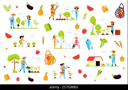 Faisceau de production organique de scènes plates. Agriculteurs plantant des arbres, cueillant ensemble isolé de récolte. Fruits, légumes, animaux de ferme, éléments de verger. Illustration vectorielle de dessin animé de travailleurs agricoles. Illustration de Vecteur