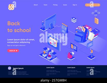 Retour à la page d'accueil isométrique de l'école. Concept d'isométrie de l'enseignement primaire et secondaire. Programme d'enseignement à distance, page Web plate d'apprentissage en ligne. Illustration vectorielle avec des personnages de personnes. Illustration de Vecteur