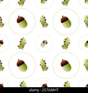 Motif feuilles d'automne sans couture. Feuilles de chêne et glands dans des formes géométriques de cercle sur une toile de fond ornée infinie. Fond d'écran botanique de nature forestière saisonnière. Illustration vectorielle avec texture florale Illustration de Vecteur