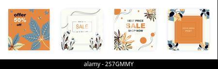 Modèles modernes d'affiche de vente carrée d'automne avec motif floral et géométrique. Convient pour les publications sur les médias sociaux, les affiches, les applications mobiles, la conception de bannières et les publicités Web, les arrière-plans vectoriels, les supports promotionnels. Illustration de Vecteur