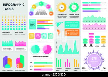 Pack infographie UI, UX, éléments DE KIT. Différents graphiques, diagrammes, flux de travail, organigramme, chronologie, schémas, icônes de marketing, graphiques et modèles de conception de barres. Ensemble graphique et infographies vectorielles. Illustration de Vecteur