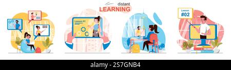 Ensemble de scènes conceptuelles d'apprentissage à distance. Élèves et étudiants regardent les cours en ligne, l'étude numérique à l'école ou à l'université. Collecte d'activités de personnes. Illustration vectorielle de personnages dans la conception plate Illustration de Vecteur
