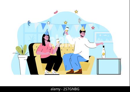 Concept de fête de maison. Couple célébrant l'anniversaire, buvant et ayant une situation amusante. Événement festif, scène de gens de vacances. Illustration vectorielle avec conception de caractère plat pour site Web et site mobile Illustration de Vecteur