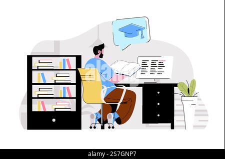 Concept d'enseignement universitaire. L'élève lit le livre, se prépare à la situation des examens finaux. Scène des personnes diplômées et diplômées. Illustration vectorielle avec conception de caractère plat pour site Web et site mobile Illustration de Vecteur