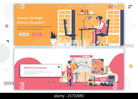 Pages de destination de la société de livraison définies. Site Web d'entreprise logistique, entreposage et expédition. Illustration vectorielle plate avec des personnages de personnes. Concept Web utiliser comme en-tête, pied de page ou contenu intermédiaire. Illustration de Vecteur