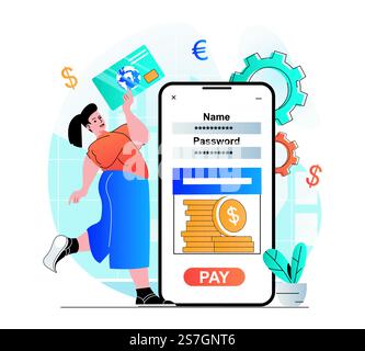 Concept de banque mobile dans un design plat moderne. Femme accédant au compte financier et à la carte de crédit dans l'application mobile. Le client utilise un compte bancaire en ligne, reçoit des services financiers. Illustration vectorielle Illustration de Vecteur