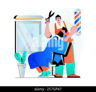 Concept de barbershop dans un design plat moderne. Coiffeur coupant les cheveux du client et rasant la barbe dans le salon masculin. Homme assis à la chaise. Soins capillaires professionnels et coiffure à la mode. Illustration vectorielle Illustration de Vecteur