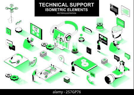 Ensemble de support technique d'éléments isométriques. Chatbot, opérateur de centre d'appels, casque, consultant hotline, icônes isolées d'assistance en ligne. Kit d'illustration vectorielle isométrique avec personnages de personnes. Illustration de Vecteur