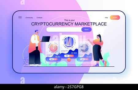 Il s'agit de votre concept Cryptocurrency Marketplace pour la page de destination. Les gens analysent les statistiques financières, vendent ou achètent des bitcoins modèle de bannière web. Illustration vectorielle dans la conception de dessin animé plat pour la page Web Illustration de Vecteur