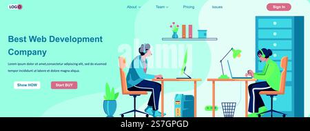 Meilleur concept de bannière Web Development Company. Équipe de développeurs travaillant sur le projet, programistes codant au modèle de page de destination des ordinateurs. Illustration vectorielle avec des personnages de personnes dans la conception plate Illustration de Vecteur