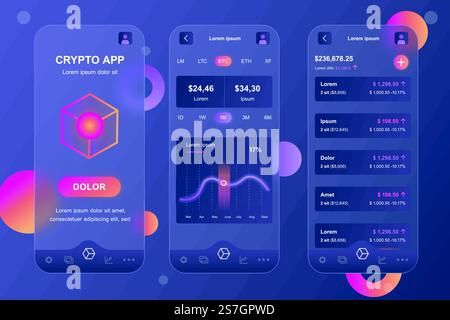 Kit d'éléments neumorphes de crypto-monnaie pour application mobile. Bitcoin mining, banque en ligne, graphique de données finansial, revenu. Configuration des écrans UI, UX, GUI. Illustration vectorielle de modèles dans la conception glassmorphique Illustration de Vecteur
