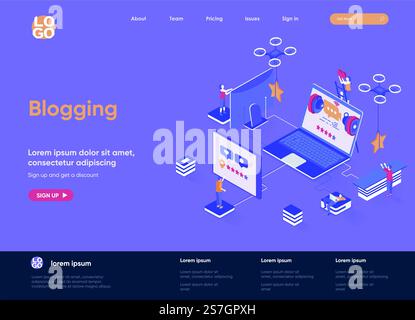 Page d'accueil isométrique du blog. Production de contenu social, communication en réseau, publication sur Internet et messagerie isométrique page Web. Modèle plat de site Web, illustration vectorielle avec des personnages de personnes. Illustration de Vecteur