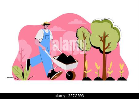 Concept agraire. Agriculteur avec brouette travaille à la ferme, plantant la situation des semis. Jardinage, plantation de scène de gens. Illustration vectorielle avec conception de caractère plat pour site Web et site mobile Illustration de Vecteur