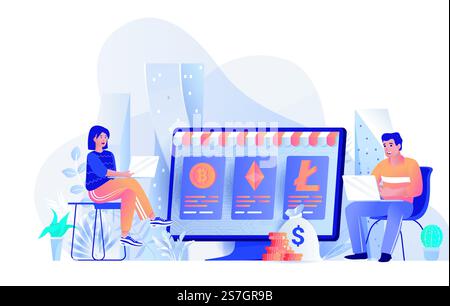 Concept de marché de crypto-monnaie dans la conception plate. Crypto-échange de devises, modèle de scène de transaction financière. Homme et femme sur des ordinateurs portables minant. Illustration vectorielle des activités des personnages de personnes Illustration de Vecteur