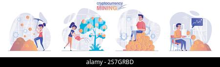Jeu de scènes de concept d'exploration de crypto-monnaie. Femme et homme minent des pièces de monnaie, investissent dans l'argent numérique, augmentent les revenus, les profits. Collecte d'activités de personnes. Illustration vectorielle de personnages dans la conception plate Illustration de Vecteur