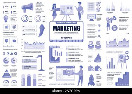 Pack marketing et infographie promo UI, UX, éléments DE KIT. Différents graphiques, diagrammes, flux de travail, organigramme, chronologie, schémas, modèle de conception de graphiques. Ensemble graphique et infographies vectorielles. Illustration de Vecteur