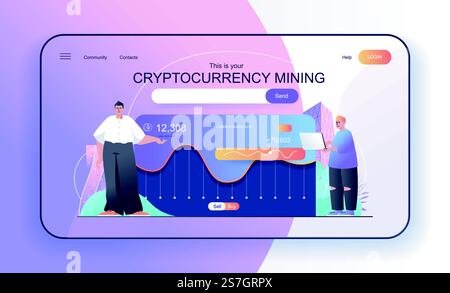 Ceci est votre concept Cryptocurrency Mining pour la page de destination. Les gens font de l'argent numérique, des crypto-affaires et un modèle de bannière Web de minage de bitcoins. Illustration vectorielle dans la conception de dessin animé plat pour la page Web Illustration de Vecteur