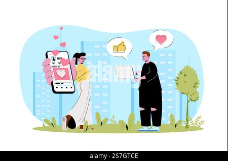 Concept de personnage web de réseau social. Les utilisateurs homme et femme dans les réseaux sociaux, communiquent en ligne à partir d'un ordinateur portable ou d'une application mobile scène isolée avec des personnes. Illustration vectorielle avec des personnes dans la conception plate Illustration de Vecteur