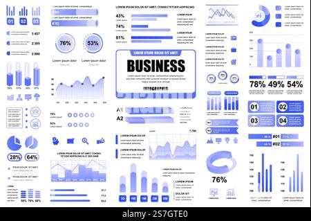 Regroupez les éléments d'interface utilisateur, UX et KIT infographique pour les entreprises et les finances. Différents graphiques, diagrammes, flux de travail, organigramme, chronologie, schémas, modèle de conception de graphiques. Ensemble graphique et infographies vectorielles. Illustration de Vecteur