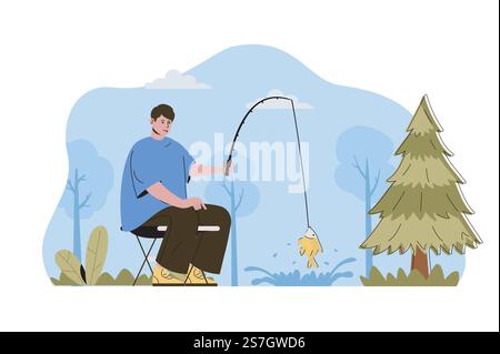 Concept de vacances de pêche. Homme pêcheur attrape le poisson avec la canne, se reposant en situation de forêt. Scène de personnes de loisirs et de loisirs. Illustration vectorielle avec conception de caractère plat pour site Web et site mobile Illustration de Vecteur